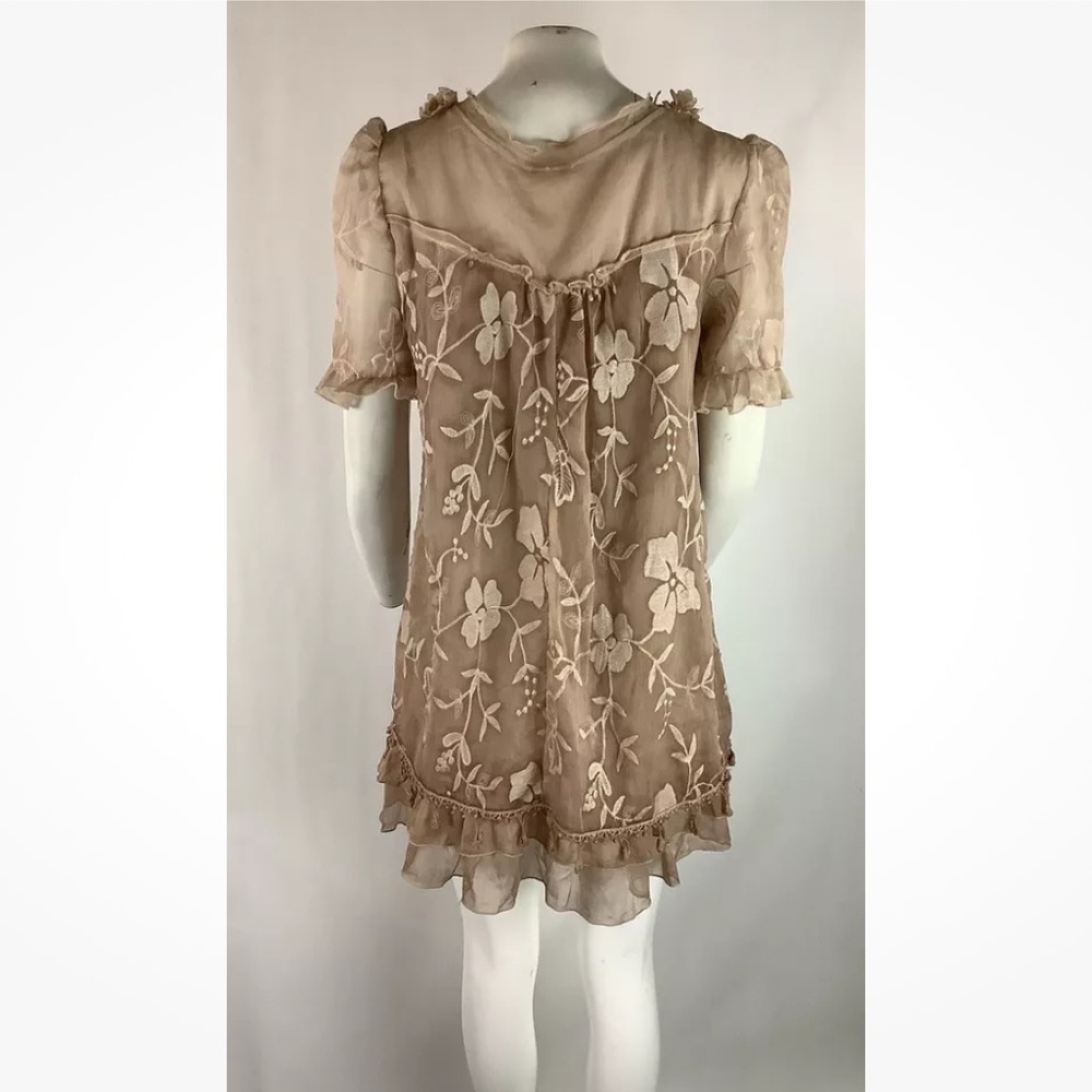Pretty Angel Sz S Chiffon Babydoll Embroidered Floral Dress Brown Silk Blend - Picture 5 of 7